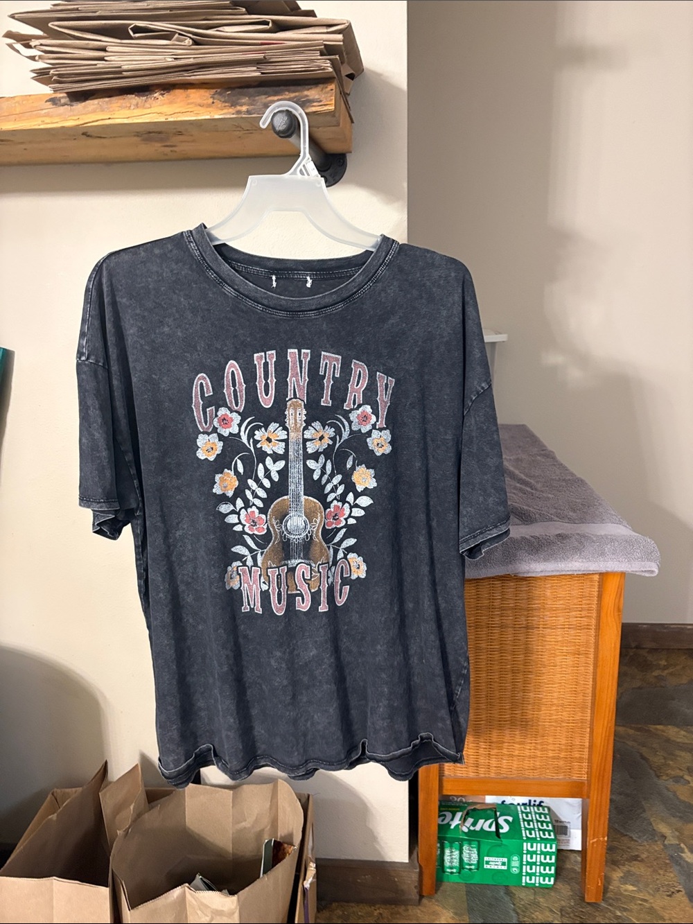 Black Country Music Graphic Tee with Floral Guitar